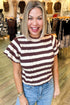 Striped Ribbed Knit Cable Short Sleeve Sweater