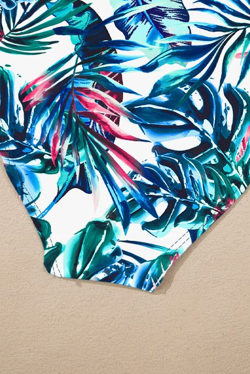 Ruched Side Tie Strap Leaf Print Tankini Set