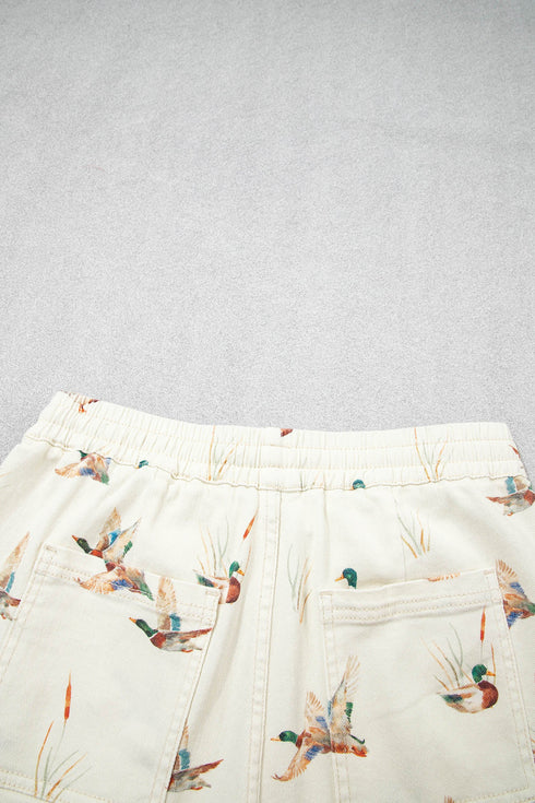 Wild Duck Mallard Print Drawstring Stretch Denim Shorts