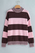 Striped High Neck Dropped Shoulder Relaxed Pullover Sweater