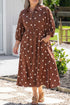 Polka Dot V Neck Front Pocket Gathered Cuffs Long Sleeve Shift Midi Dress