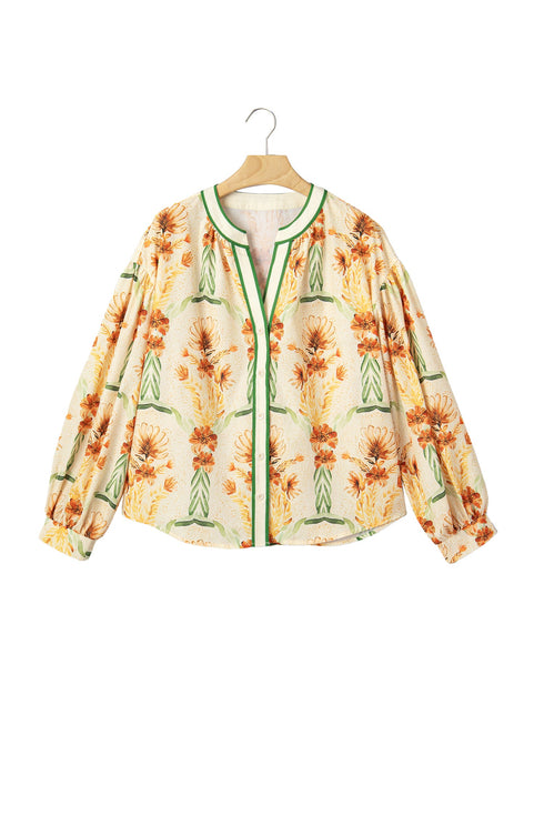 Floral Print V Neck Long Sleeve Blouse