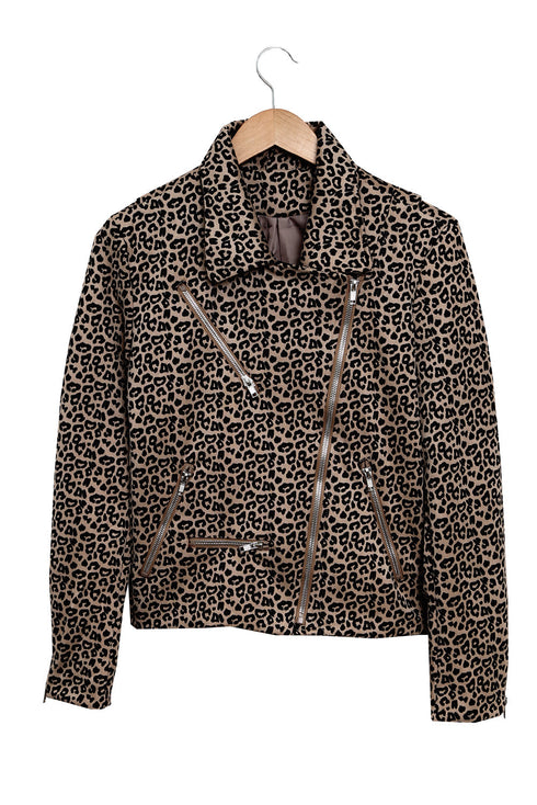 All Over Leopard Print Zipped Notch Collar Short Jacket