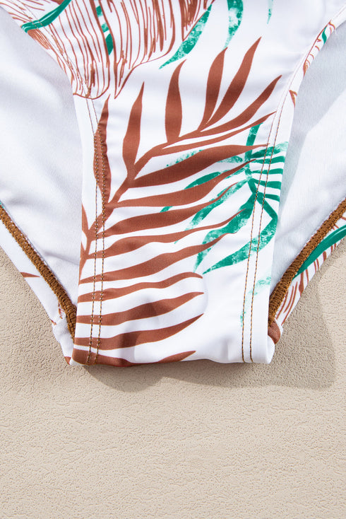 Ruched Side Tie Strap Leaf Print Tankini Set