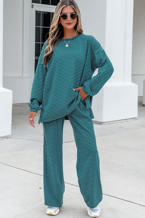 Striped Dropped Shoulder Long Sleeve Top Elastic Waist Pants Two Piece Pant Set