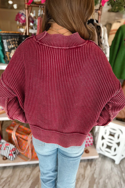 High Neck Ribbed Drop Shoulder Seam Detail Sweater