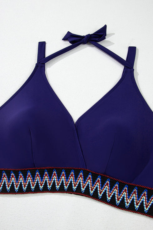 Embroidered Trim Wrap Tie High Waisted Plus Size Swimwear