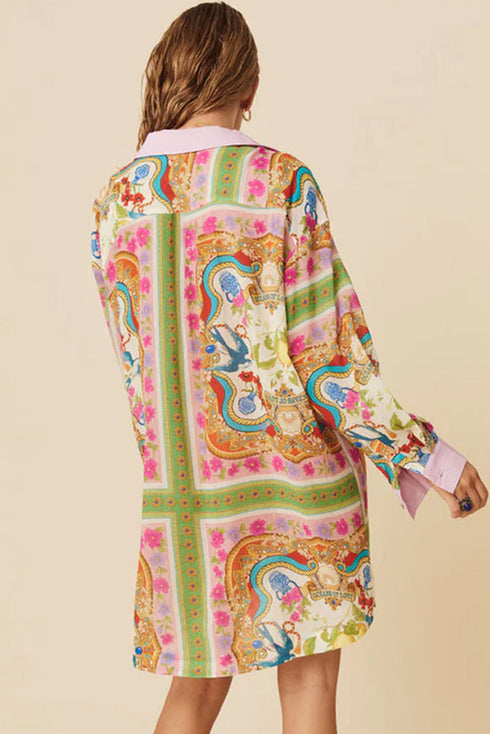 Boho Floral Print Buttoned Long Sleeve Shirt Dress