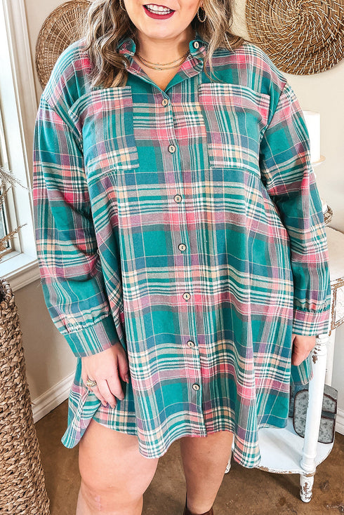 Plaid Button Up V Neck Long Sleeve Shift Mini Dress