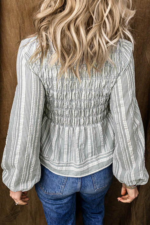 Striped Textured V Neck Shirred Southern Belle Long Sleeve Blouse