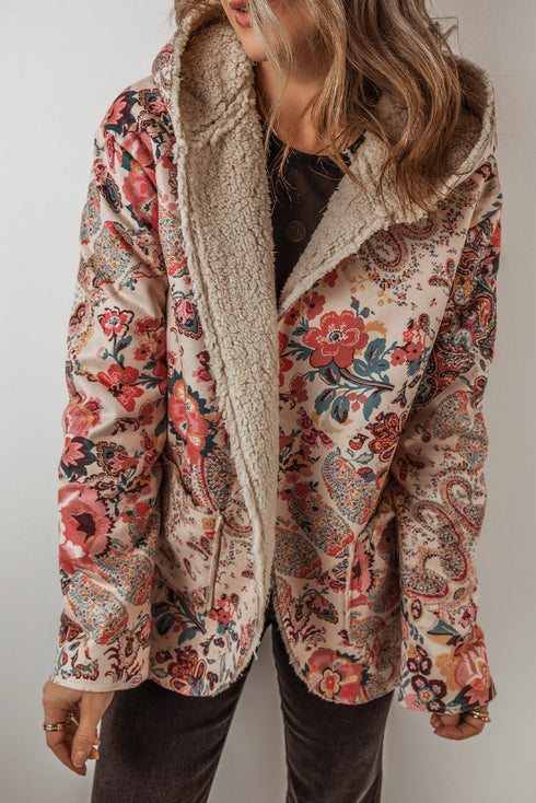 Bohemian Floral Print Sherpa Lined Fleece Hooded Jacket