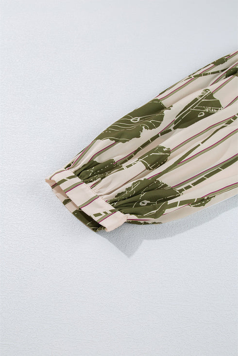 Floral Striped Print Contrast Piping Puff Sleeve Dress