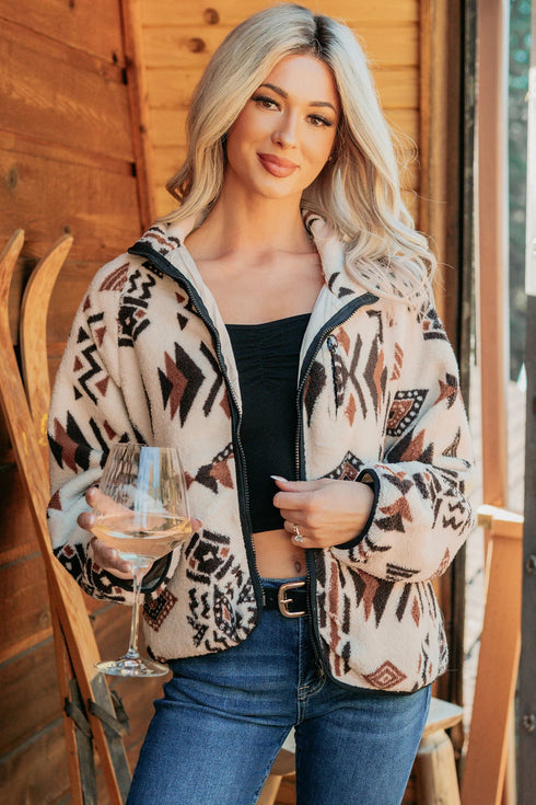 Geometric Print Long Sleeve Shirt Collar Zip Up Placket Binding Tape Jacket