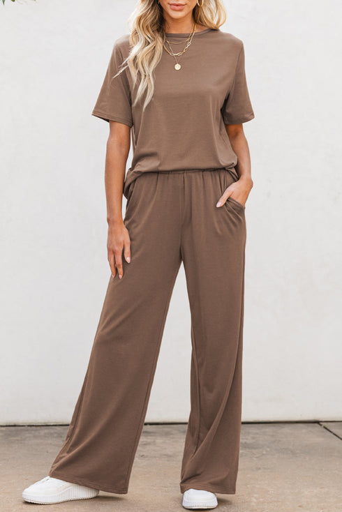 Casual Solid T Shirt Wide Leg Pant Set