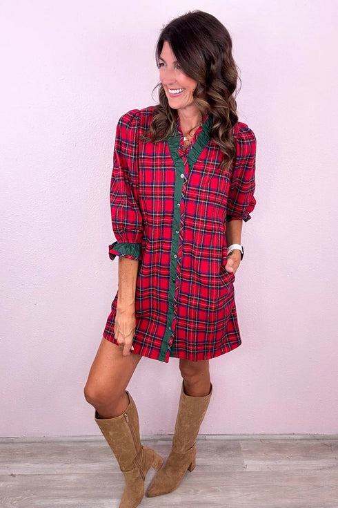 Plaid Ruffle Cuff Button Front Pocket Mini Dress