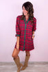 Plaid Ruffle Cuff Button Front Pocket Mini Dress