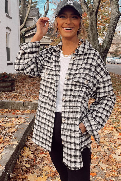 Casual Plaid Print Button Front Tunic Shacket