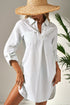 Striped Split Neck Roll Tab Sleeve Pocketed Shirt Dress