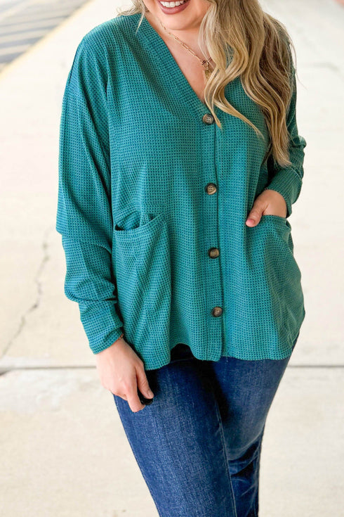 V Neck Waffle Textured Button Front Tunic Long Sleeve Jacket