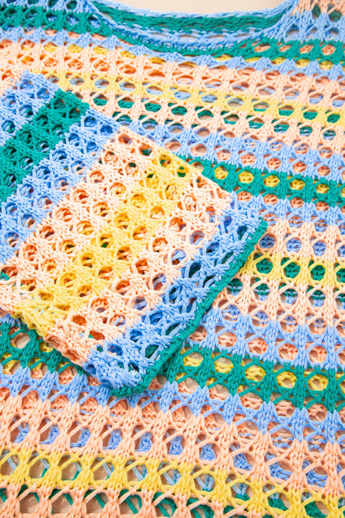 Long Sleeve Striped Open Knit Boho Crochet Top