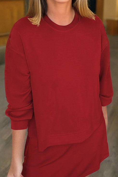 Solid Drop Shoulder Pullover Drawstring Mini Skirt Two Piece Dress