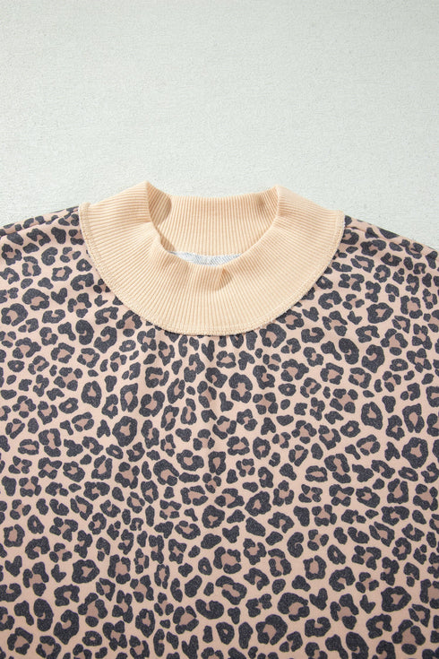Leopard Print High Neck Long Sleeve Ribbed Cuffs Hem Sweatshirt