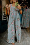 Pleated High Waist Floral Wide Leg Denim Jumpsuit