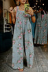 Pleated High Waist Floral Wide Leg Denim Jumpsuit