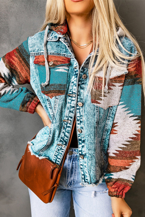 Aztec Print Patchwork Frayed Hem Western Denim Jacket
