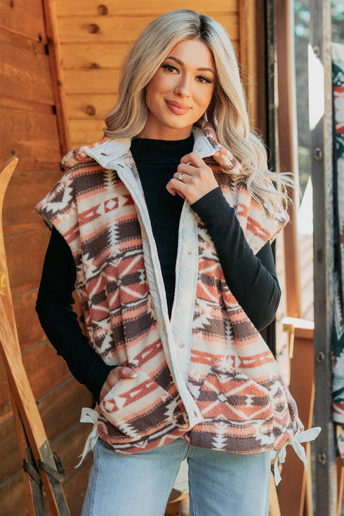 Geometric Print Fleece Metal Button Placket Shift Silhouette Vest