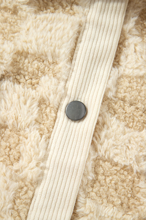 Checkered Corduroy Trim Metal Button Sherpa Jacket