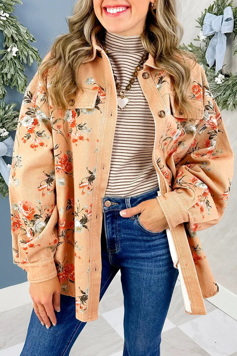 Floral Print Tunic Length Long Sleeve Denim Jacket