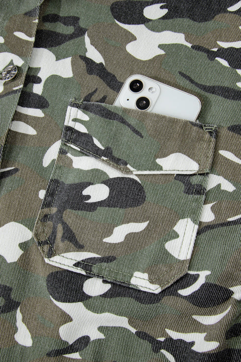 Camo Print Chest Pockets Loose Fit Denim Jacket