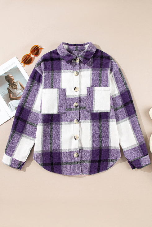 Paneled Pocketed Button Down Long Sleeve Plaid Shacket