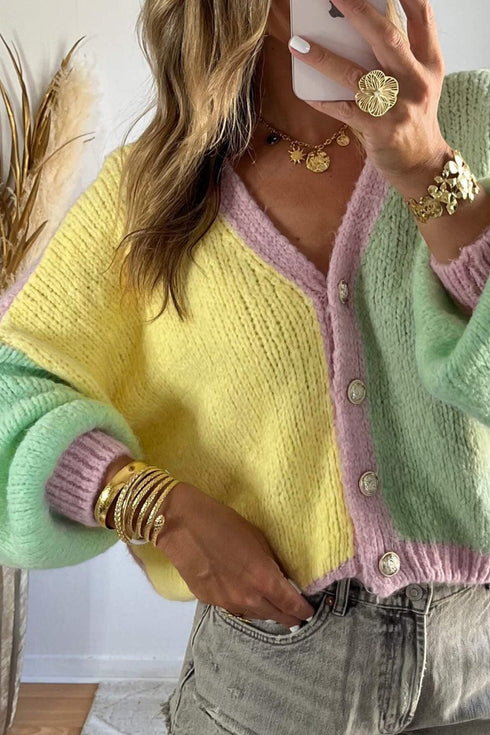 Patchwork V Neck Drop Shoulder Knitwear Cardigan