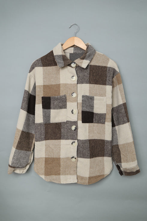 Paneled Pocketed Button Down Long Sleeve Plaid Shacket