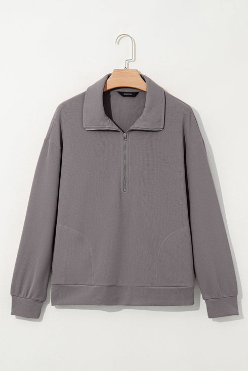 Waffle Textured Collar Half Zip Pocketed Drop Shoulder Sweatshirt