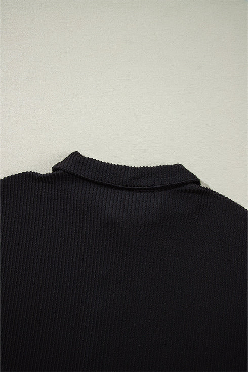 Solid Corded Knit Collared Roll Tab Sleeve Dress