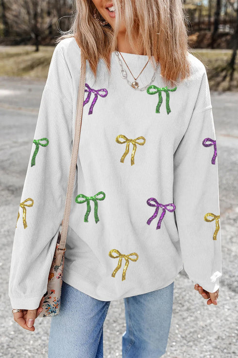 3D Ribbed Sequin Mardi Gras Bow Baggy Graphic Sweatshirt