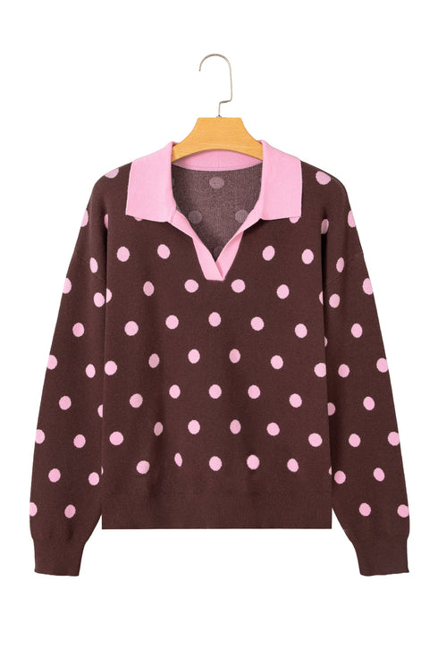 Polka Dot Pattern Collared Loose Pullover Sweater