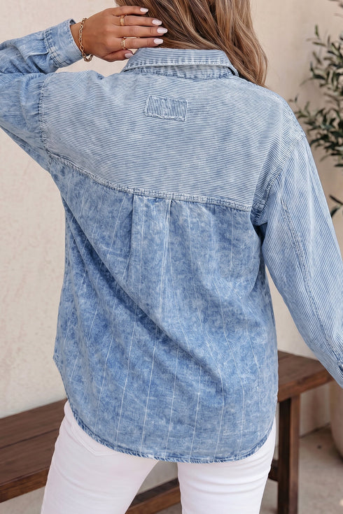 Striped Pattern Vintage Denim Long Sleeve Blouse