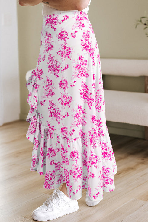 Bohemian Floral Print High Waist Ruffle Split Maxi Skirt