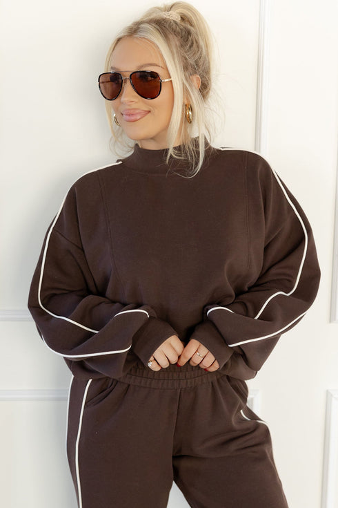 Piping Trim Mock Neck Relaxed Pullover Pant Set