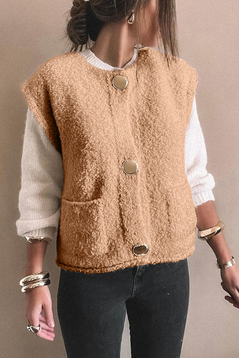 Modern Solid Fuzzy Big Button Accent Pocket Vest