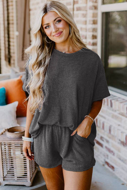 Corded Ribbed Knit Loose Fit Tee And Short Set