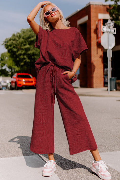 Textured Solid Loose Fit Wide Leg Pant Set
