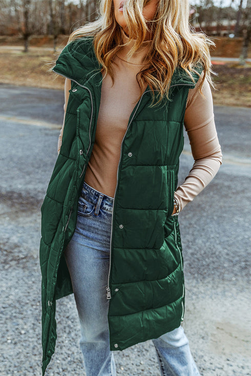 Exclusive Solid Long Quilted Hooded Puffer Vest