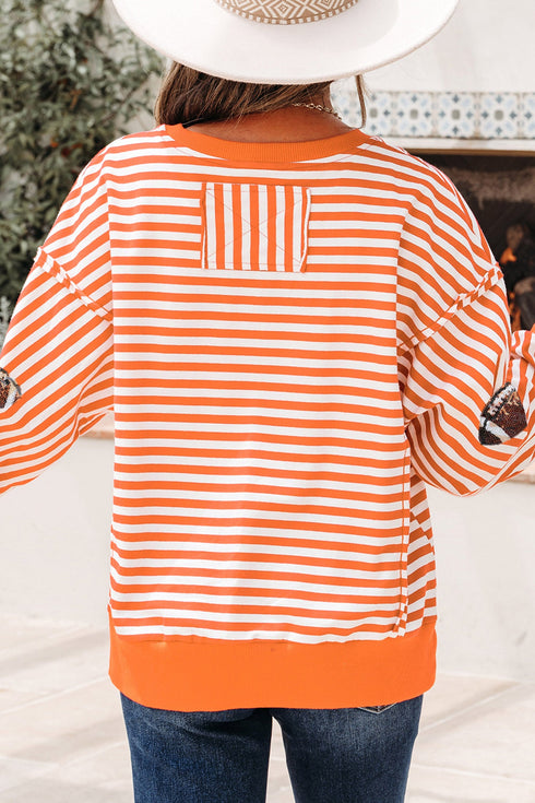 Striped Sequined Rugby Graphic Raw Seam Loose Long Sleeve Tee