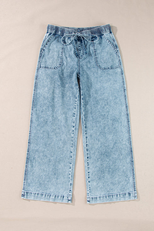 Drawstring Elastic Waist Loose Wide Leg Denim Jeans