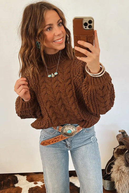 Cable Knit High Neck Loose Pullover Sweater